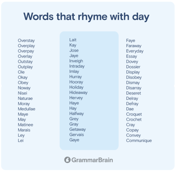 Words That Rhyme With Day Rhymes To Use Grammarbrain