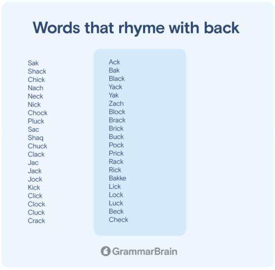 Words That Rhyme With Back (300+ Rhymes to Use) GrammarBrain