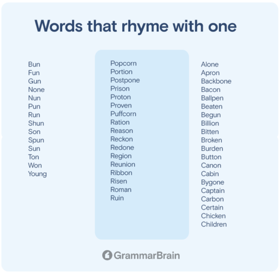 Words That Rhyme With One (300+ Rhymes to Use) GrammarBrain