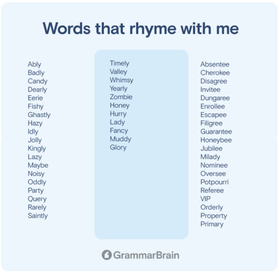 Words That Rhyme With Me (220+ Rhymes to Use) | GrammarBrain